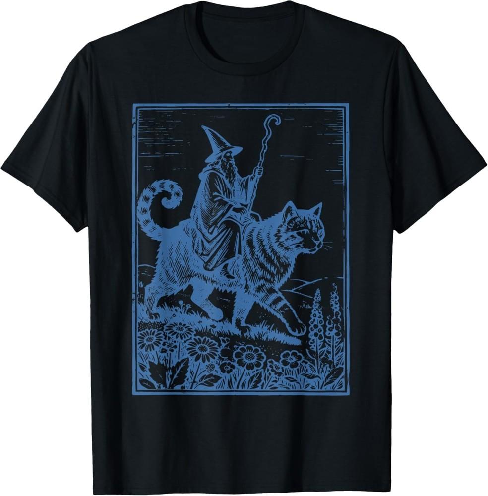 Vintage Wizard Cat Rider Funny Wizard Riding Giant Cat T-Shirt
