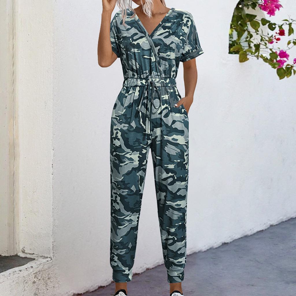 Women's Casual Short Sleeve V-Neck Intersection Jumpsuit