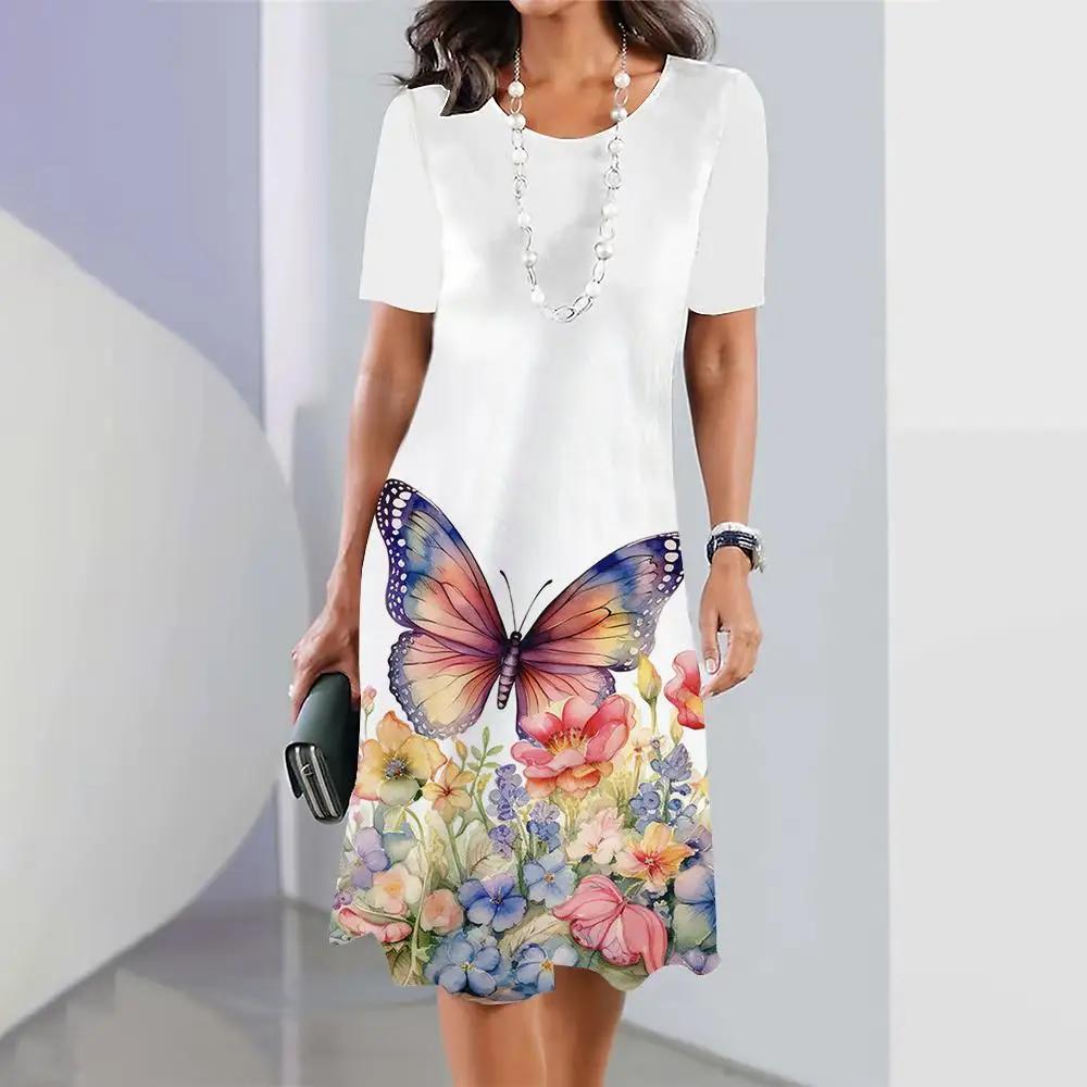 Платья для женщин больших размеров с принтом в виде 3D-бабочки и цветов Элегантная одежда с короткими рукавами Платье А-силуэта в стиле ретро Цветная одежда