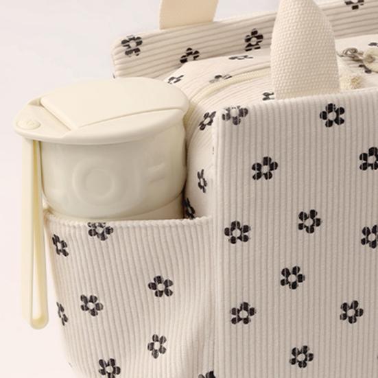 Corduroy Lunch Bag with Handle Waterproof Large Capacity Reusable Insulated Lunch Box Water Bottle Holder with Side Pockets