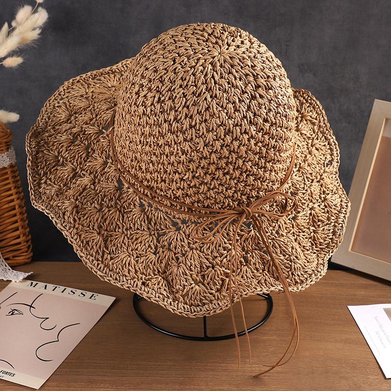 Женская соломенная шляпа с кружевным бантом, летняя шляпа с защитой от солнца, модная складная шляпа