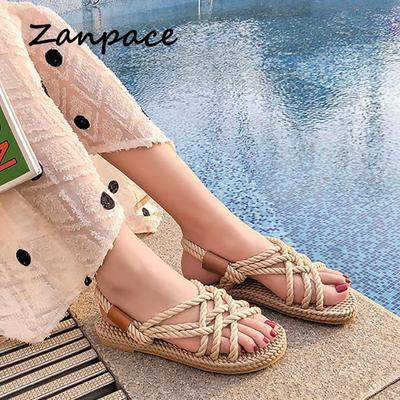 Мода 2024 года, конопляные женские сандалии, гладиаторские сандалии на платформе с перекрестной завязкой, удобные пляжные нескользящие повседневные сандалии, женская обувь