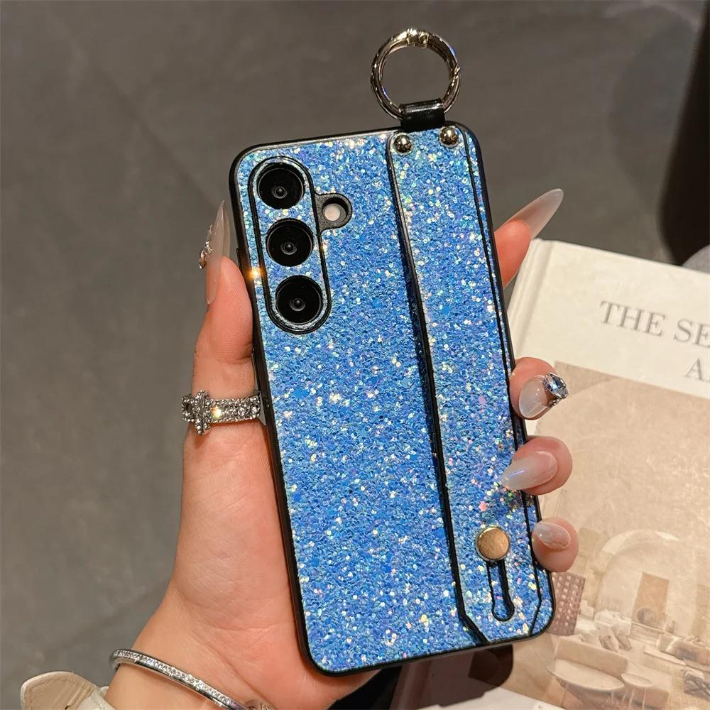 Wrist Strap Bracket Ring Phone Case for Samsung Galaxy S25 Ultra S24 S23 S22 S21 Plus Flash Diamond Leather Hard Shell Cover