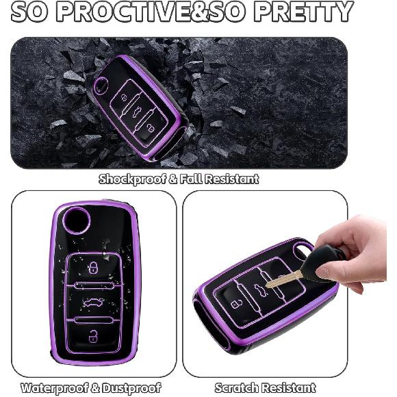 for VW Key Fob Cover with Keychain, Full Protection Key Fob Case Cover Fits for VW Volkswagen Jetta Beetle Tiguan Passat Polo Golf Car Accessories