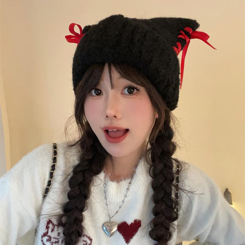Милая шерстяная шапка с бантом и большой окружностью головы, осенне-зимняя женская теплая вязаная защитная шапка для лица, головной убор для защиты ушей