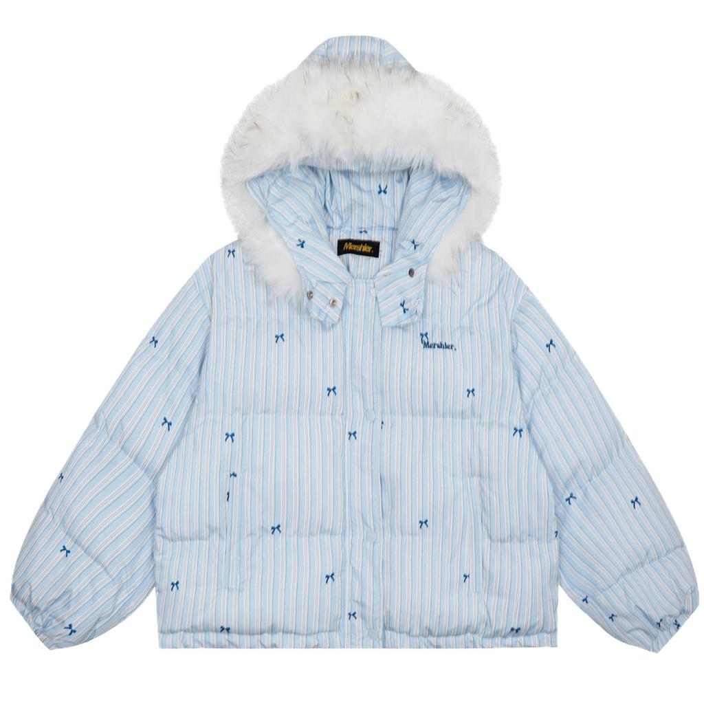 Дизайнерское полосатое пальто из хлопка с капюшоном, меховым воротником и бантом, утолщенное, для миниатюрных женщин