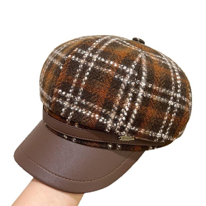 Vintage Plaid Beret Hat With Wide Brim For Women Winter Fashion Accessory