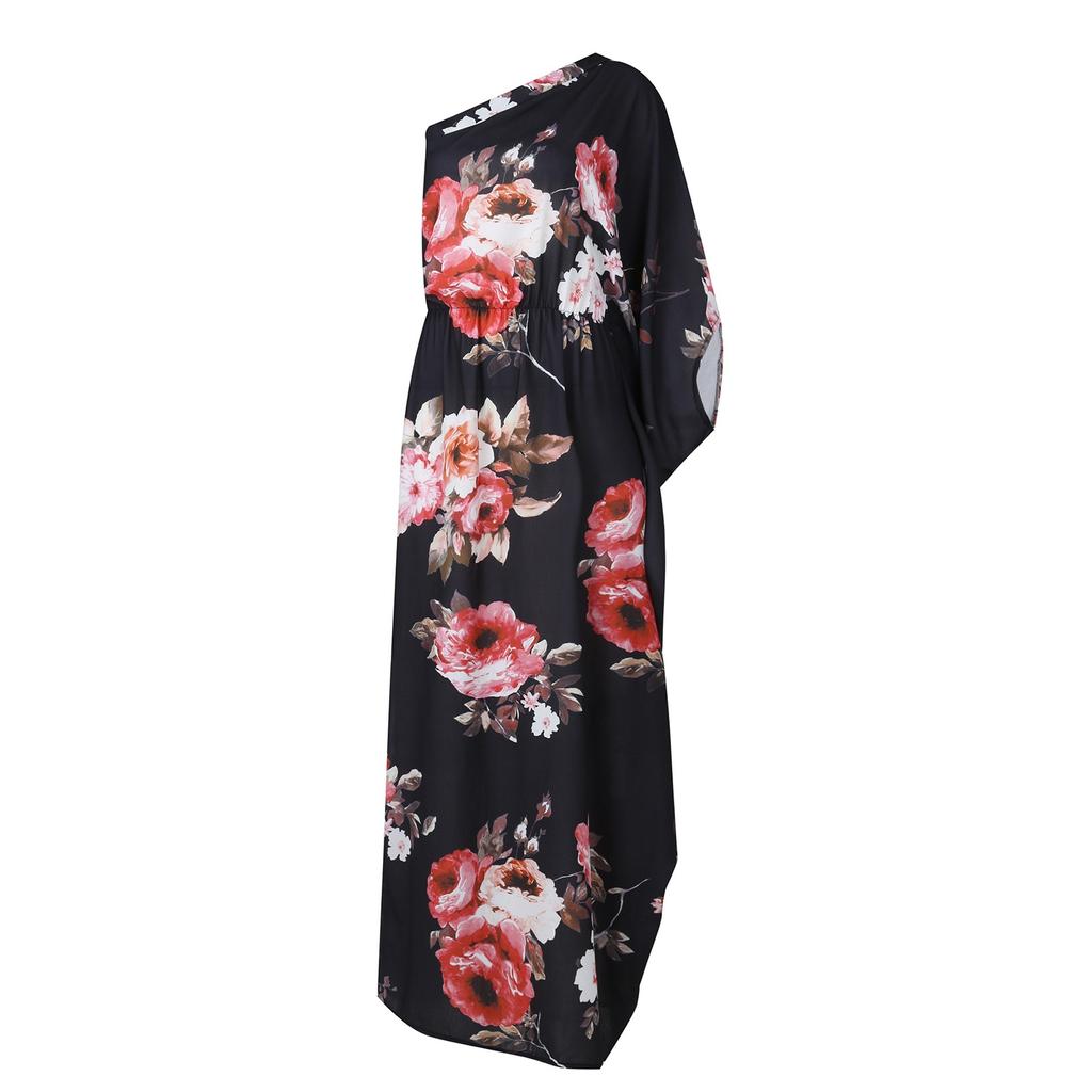 Женское сексуальное свободное повседневное платье с коротким рукавом и разрезом на одно плечо с цветочным принтом