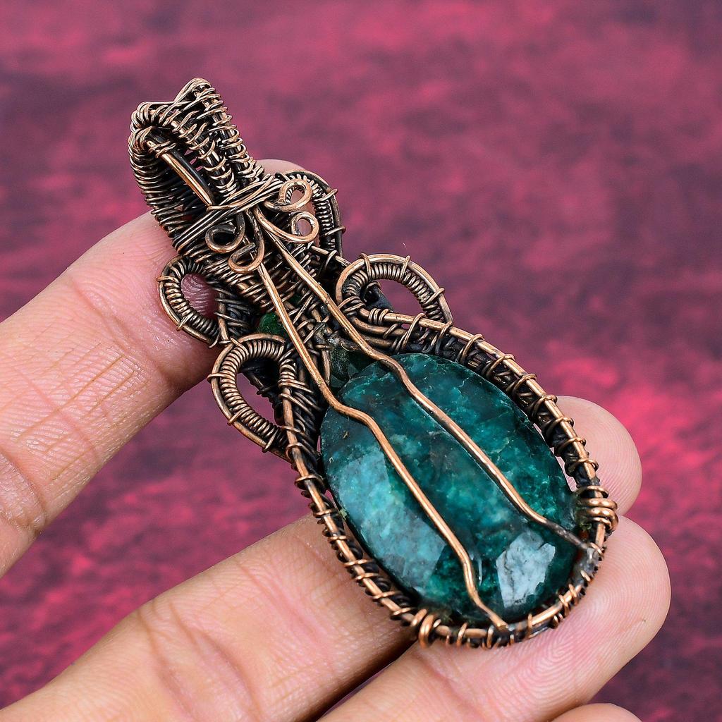 Faceted Zambian Emerald Pendant Copper Wire Wrapped Jewelry Gemstone Pendant