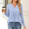 Women's Fashion Casual Long Sleeve Shirt Color Stripes Printed V Neck Up Tops