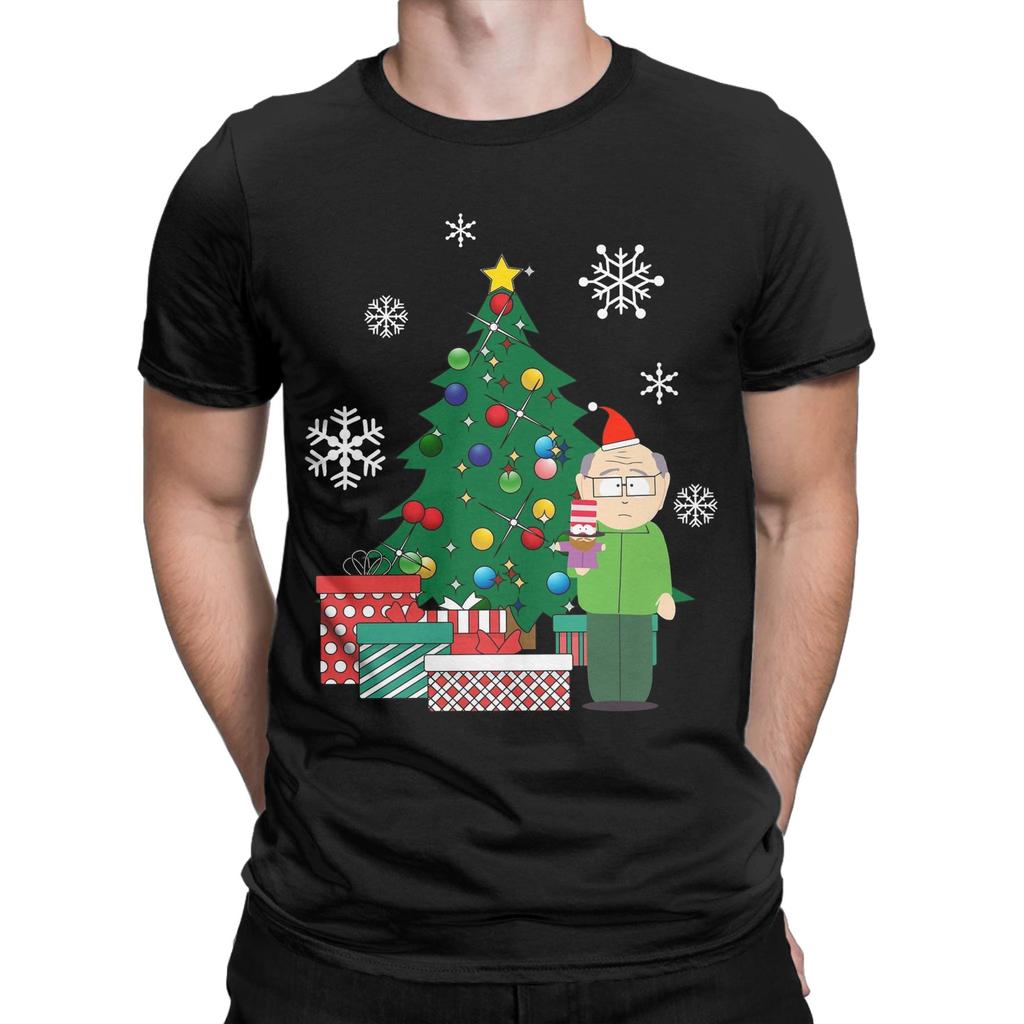 Men Mr Garrison Around The Christmas Tree South-Park T Shirts Pure Cotton Clothes Short Sleeve Crewneck Tees T-Shirts