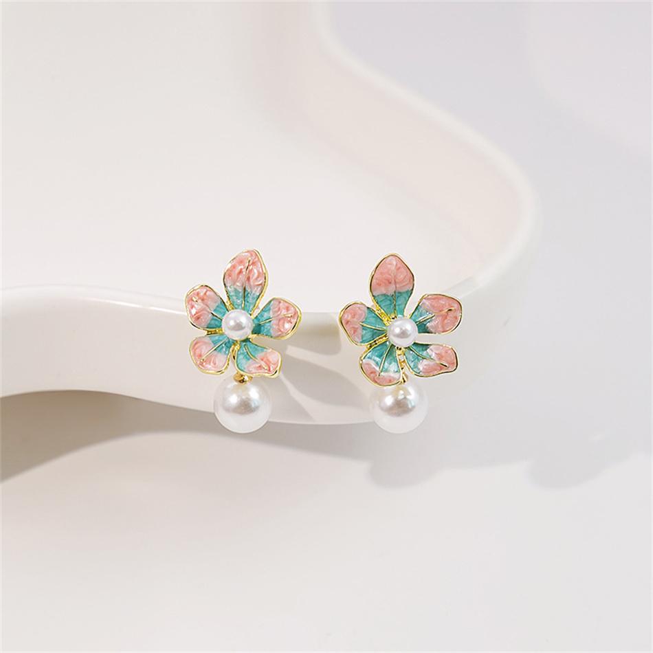 Enamel Big Flower Imitation Pearl Korean Design Drop Earrings Exaggerated Wedding Party Jewelry Accessories