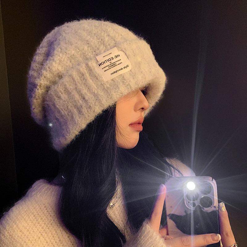 Female autumn and winter rabbit fur hat white warm thickened large head circumference showing face small plush knitted ear protector wool hat