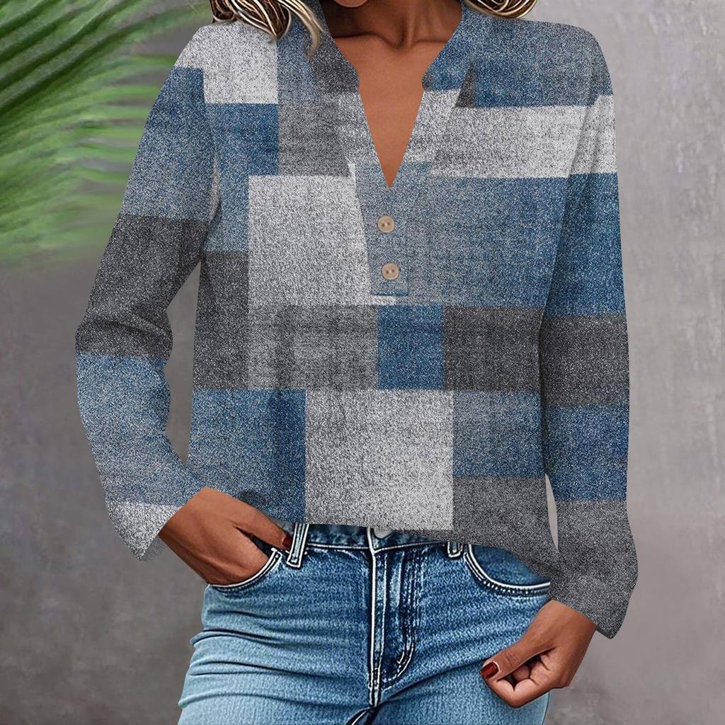 Женская модная и повседневная рубашка с длинным рукавом, V-образным вырезом, на пуговицах, с принтом, блузка, топ