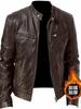 Men's Genuine Leather Jacket with Zipper Details, Stand Collar, Multiple Pockets, Slim Fit, Black and Brown