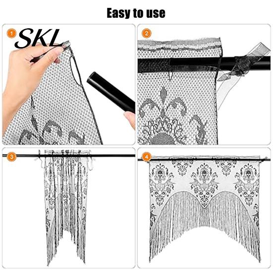 Draped Tassel Curtain Halloween Spooky Window Valance, Skull And Bat Pattern Sheer Lace Curtain, Lightweight Valance Light Filtering Gothic for Living