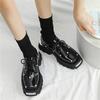 Fashion New Retro Metal Decor Women Derby Shoes Thick Sole Dress Leather Wedge Shoes Casual Loafers Black Lace-up Platform Flats Pumps
