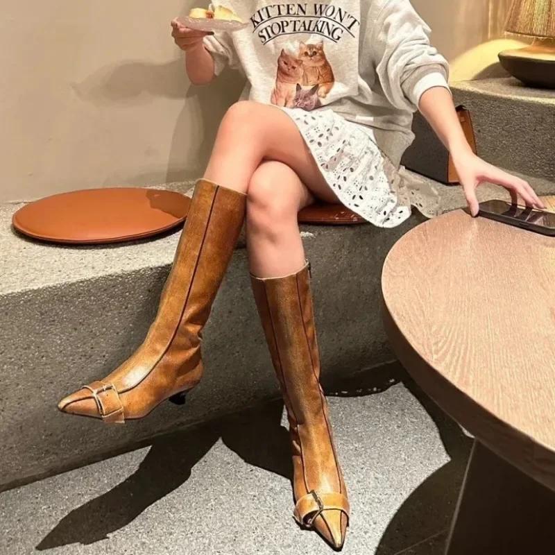 Дизайнерские Зимние Женские Высокие Сапоги Модные Сапоги с Острым Носком Длинные Сапоги Обувь Женские Элегантные Изысканные Женские Ботильоны в Рыцарском Стиле