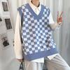 V Neck Sleeveless Ribbed Trim College Style Sweater Vest Autumn Winter Plaid Patchwork Color Men Knitted Vest