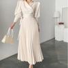Available In Two Colors, 2023 New Style Pleated Dress with Lapel, Side Bow Tie Waist, and Slimming Puff Sleeves.