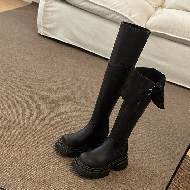 Высокие сапоги 2025 новые осенние тонкие рыцарские сапоги маленький человек высокий толстая подошва выше колена ретро сапоги два в одном женщины