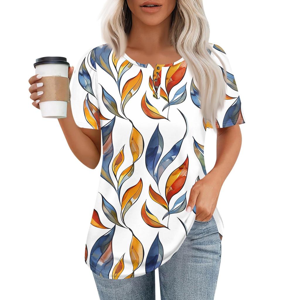 Женский модный повседневный короткий рукав пуловер с принтом на пуговицах и круглым вырезом