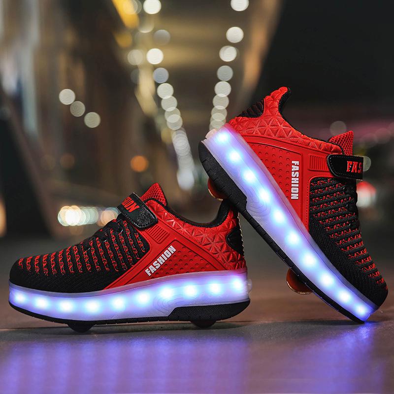 Детские светодиодные кроссовки 4 цветов с двумя / одним колесами, роликовые коньки для мальчиков и девочек, повседневная обувь с роликом, детские игрушки для мальчиков и девочек