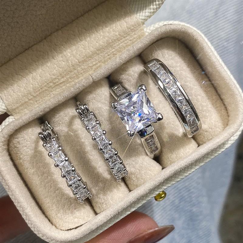 Huitan Princess Cut CZ Ring Hoop Earring Set for Women Stackable Silver Color/Gold Color Engagement Daily Wear with Gift BoxGood product