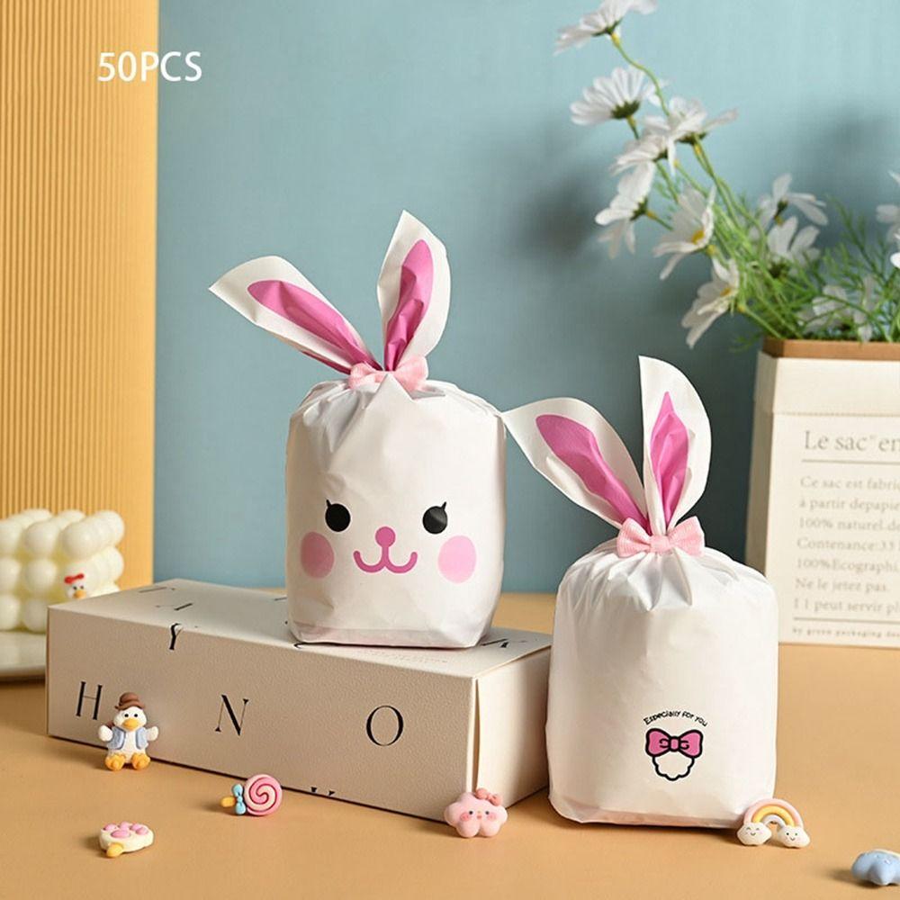 50 шт. Новые пасхальные картонные мешочки с ушками кролика, пластиковые мешочки для конфет в виде животных для детей, упаковка для печенья на день рождения, подарки своими руками