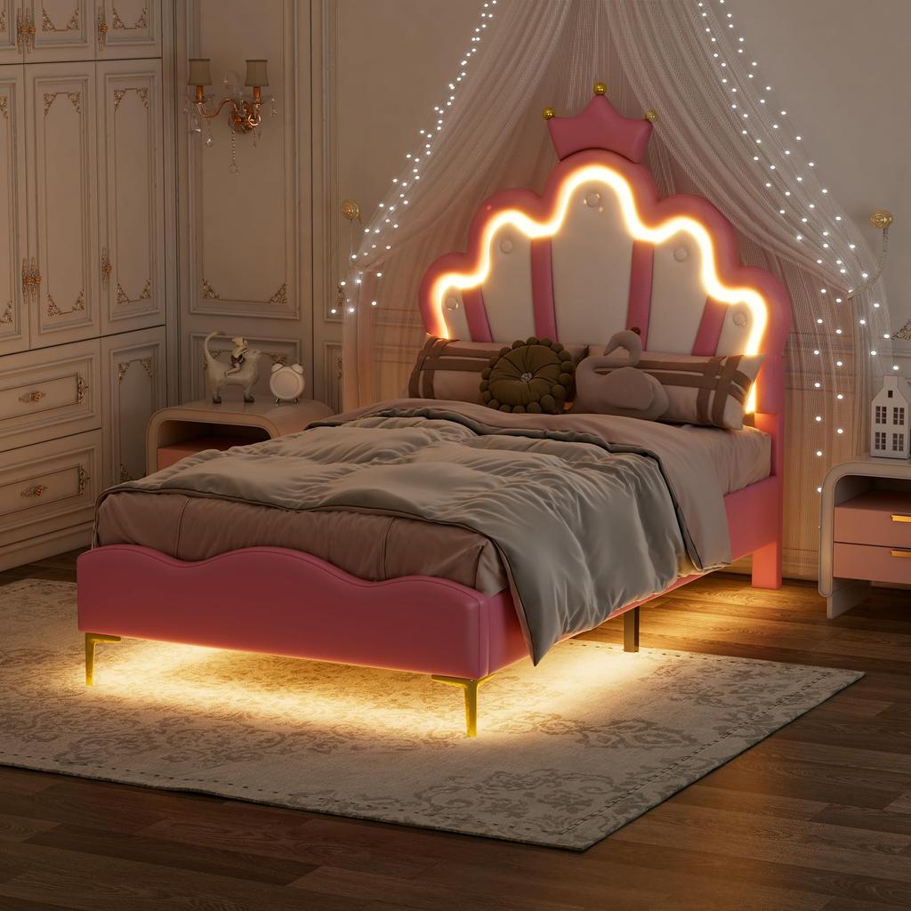 Upholstered Bed 90x200cm, Crown-shaped Princess Bed, Slatted Frame, LED Color-changing Light, PU Material, Adult/youth, Without Mattress