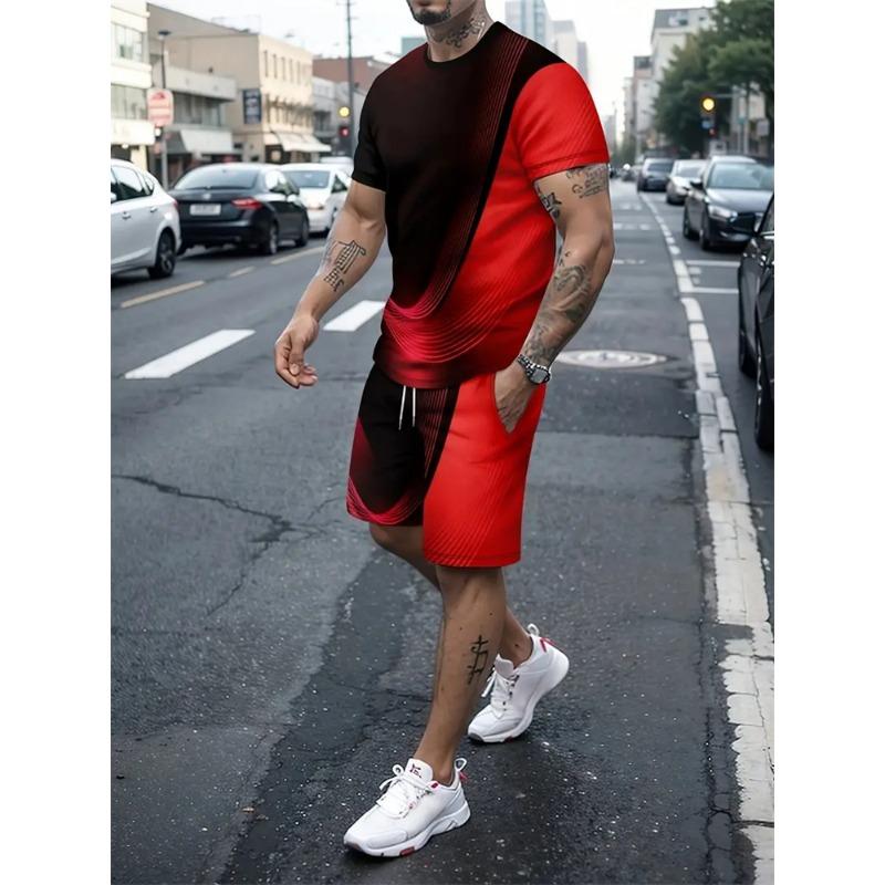 Новая футболка с градиентной текстурой, мужская летняя двухкомпонентная футболка, новый костюм с шортами, модная уличная повседневная спортивная одежда для мужчин, модели