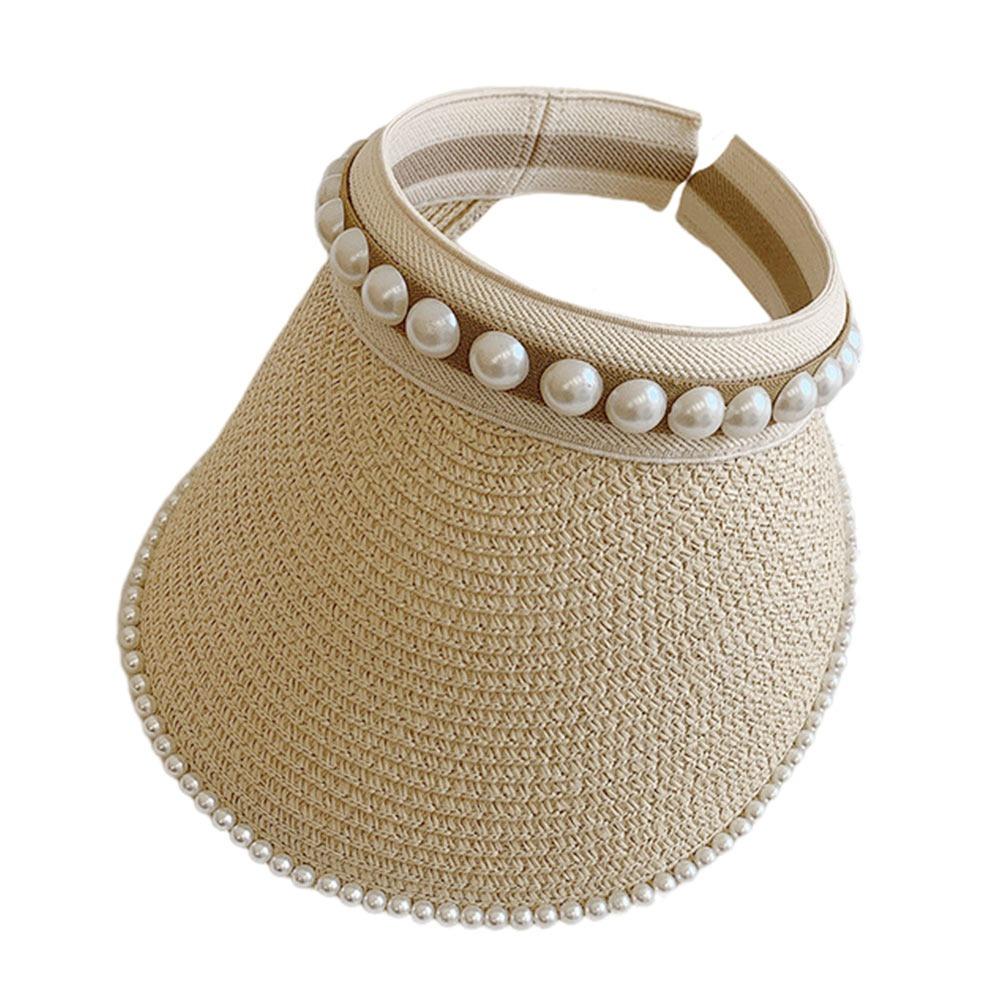 Wide Brim Sun Hat Pearl Decorated Straw Hat Imitation Pearl Beach Hat UV Protection