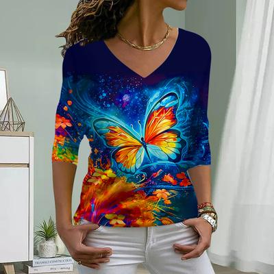 Оранжевый принт бабочки женские футболки женские топы с длинным рукавом V-образный вырез пуловер женские футболки футболка для женщин