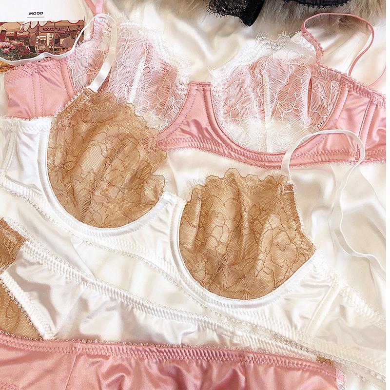 French Ultra Thin Lace Splicing Bra Set for Women Underwear Sexy Silk Breathable Bra and Panties Set Summer Comfortable Lingerie