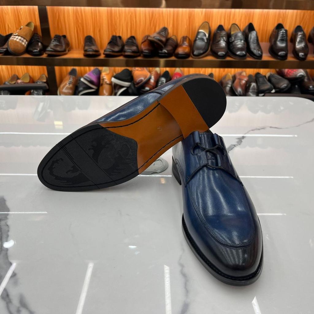 British Style Retro Lace-Up Small Leather Shoes Men'S Leather Shoes New Deep Mouth New Blue Derby Men'S Shoes Cowhide Handmade