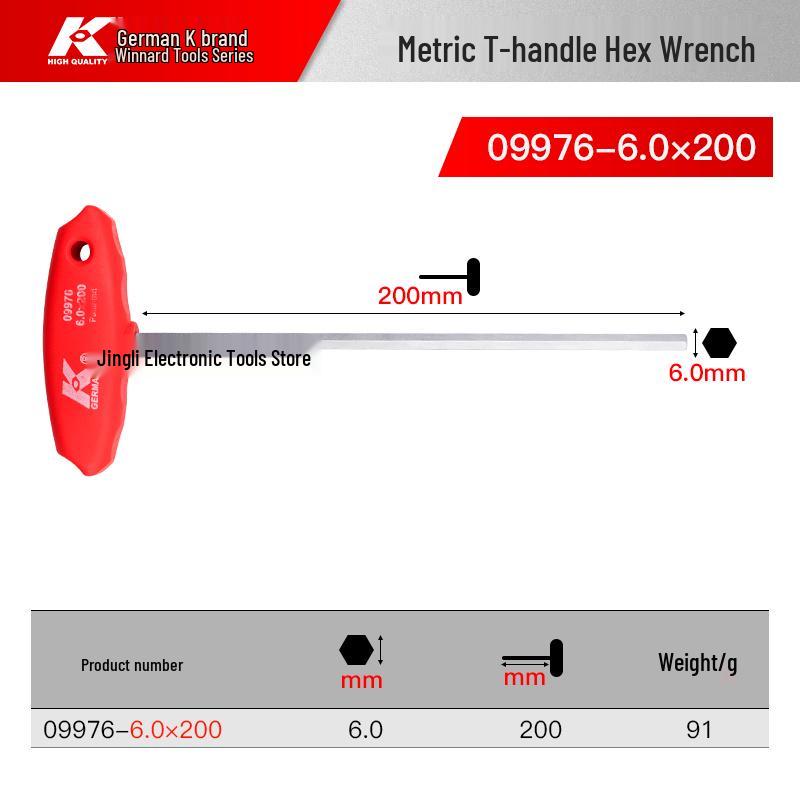 K Brand German T-Type Allen Wrench with Extended Flat Head 6-Point Screwdriver Handle, Extra Long Single Wrench
