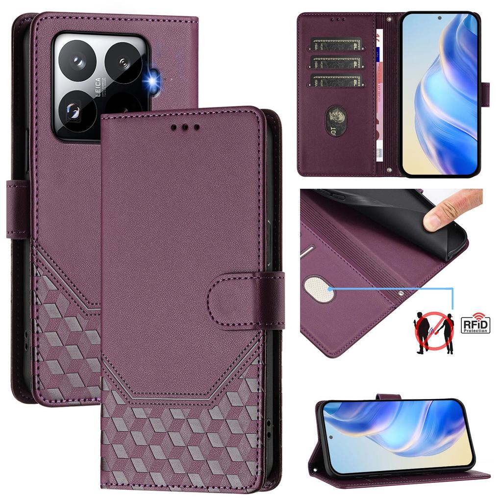 For Xiaomi 15T Pro Case Imprinted Honeycomb RFID Blocking Leather Phone Cover with Strap