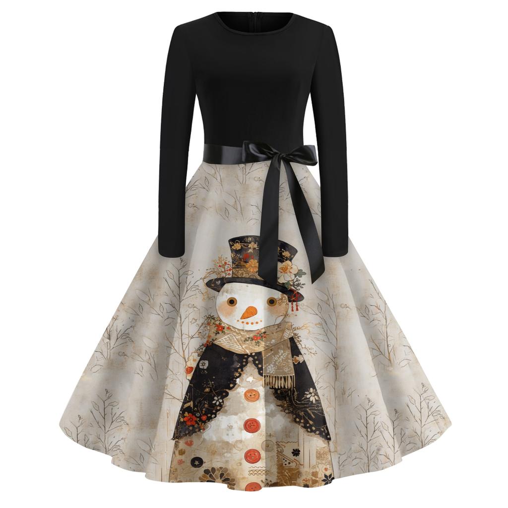Женские повседневные модные платья с круглым вырезом, длинным рукавом, рождественским принтом, для вечеринки, винтажные длинные платья
