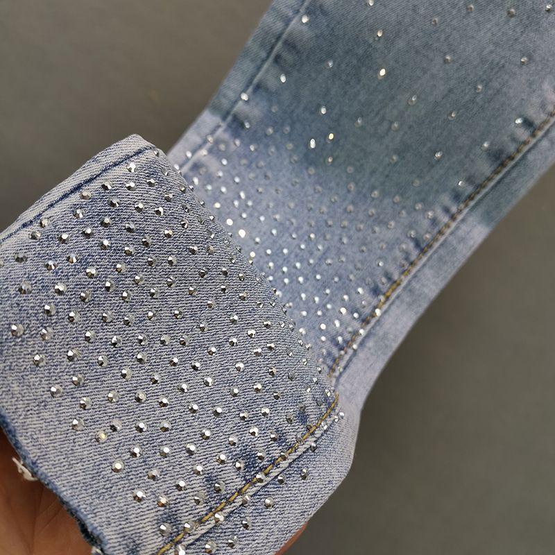 Women Rhinestone Skinny Jeans Autumn Casual High Waist Thin Nine Pants