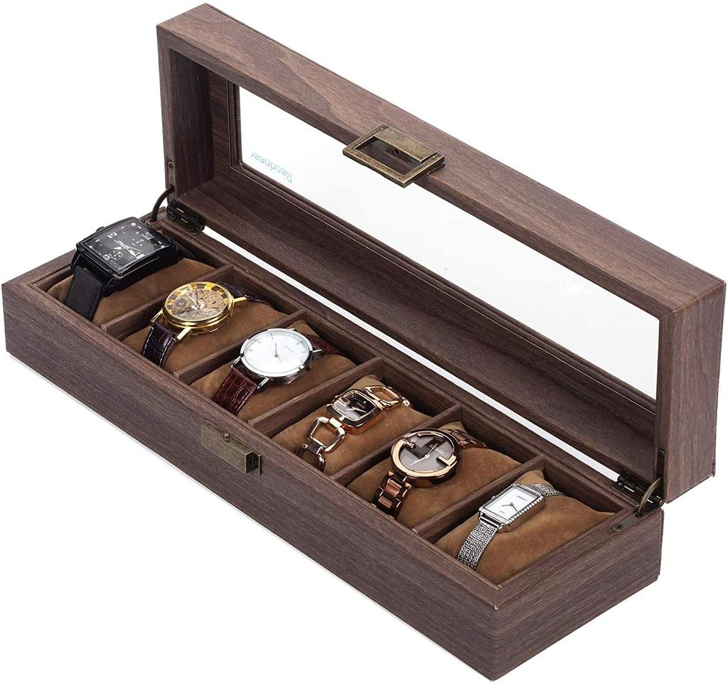 Reodoeer Wood Grain PU Watch Storage Case Watch Storage Box Collection Case for 6 Watches