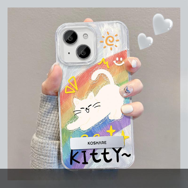 Подходит для чехла для мобильного телефона Apple 15 Летний Iphone14 Радужный кот Подставка Цепочка 13 Перо Пряжа IDM Милый 7/8