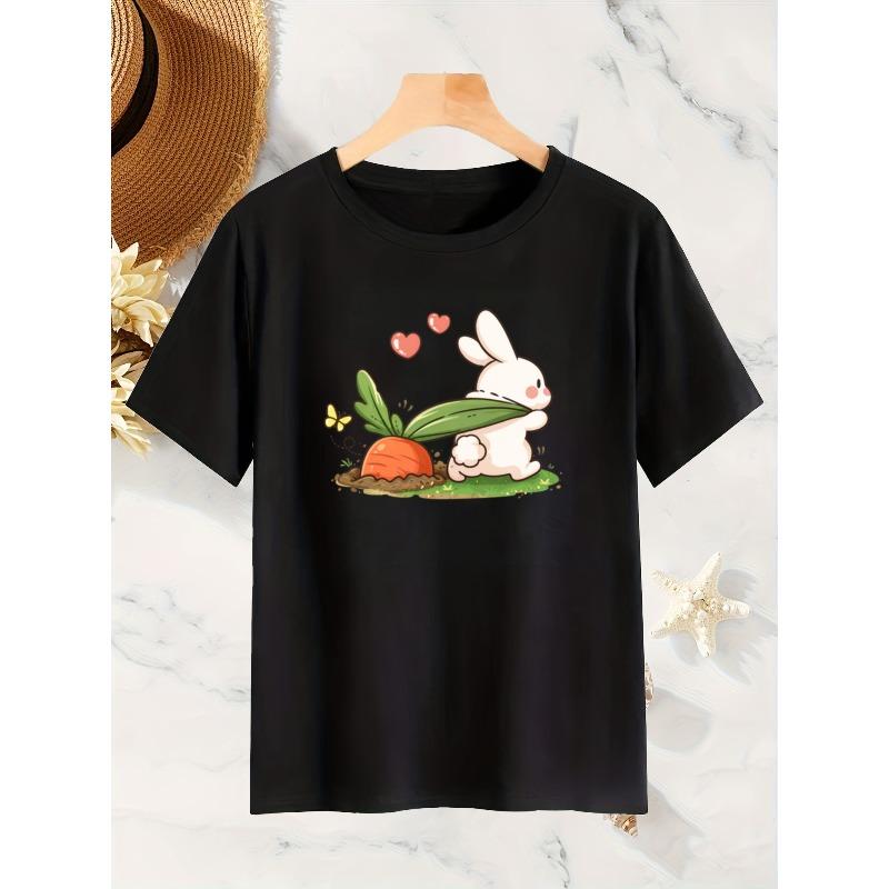 Women Rabbit Pulling Radish Print T-Shirt Round Neck Short Sleeve Spring Summer Autumn Casual Stylish Comfortable Machine-Washable Top