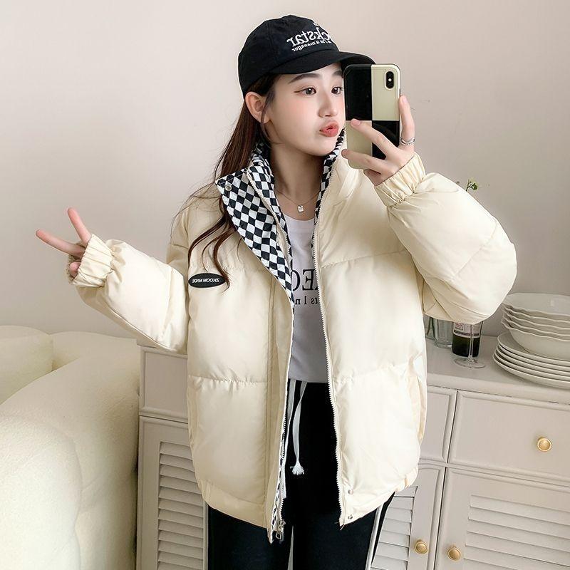 Winter Checkered Down Cotton Jacket Women Zipper Loose Padded Coat Solid Thickening Warm Puffer Parkas Jackets Short Style Forest Style Bread Jacket