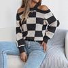 QICED Autumn and Winter Casual Off-the-shoulder, Color-blocking Checkered Lantern Long-sleeved Sweater Women's Wear