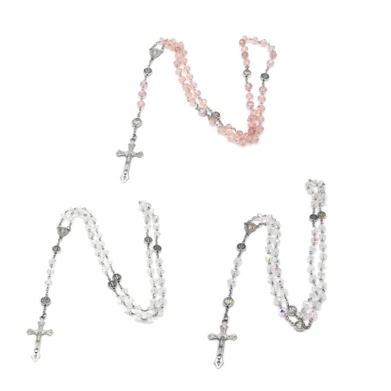 Catholic Necklace Rosary Crystal Beads Long Chain Cross Pendant Necklaces Christian Prayer Meditation Jewelry for Women