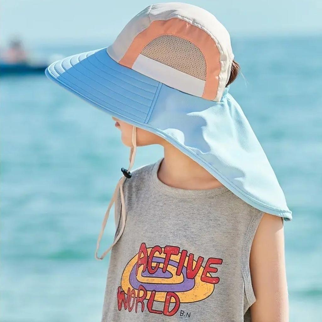 New Neck Flap Baby Sun Hat Polyester with Strap Bucket Hat UV Protection Breathable Wide Brim Beach Hats for Boys Girls