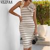 Женская мода лето весна полосатый принт без рукавов косой воротник высокая талия повседневные платья