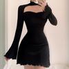Black Hollow Ribbed Retro Sexy A-line Women's Dress from Europe and America