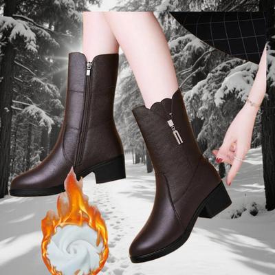 Осенне-зимние бархатные теплые ботинки из мягкой кожи на средней трубе Хлопковые сапоги на среднем каблуке