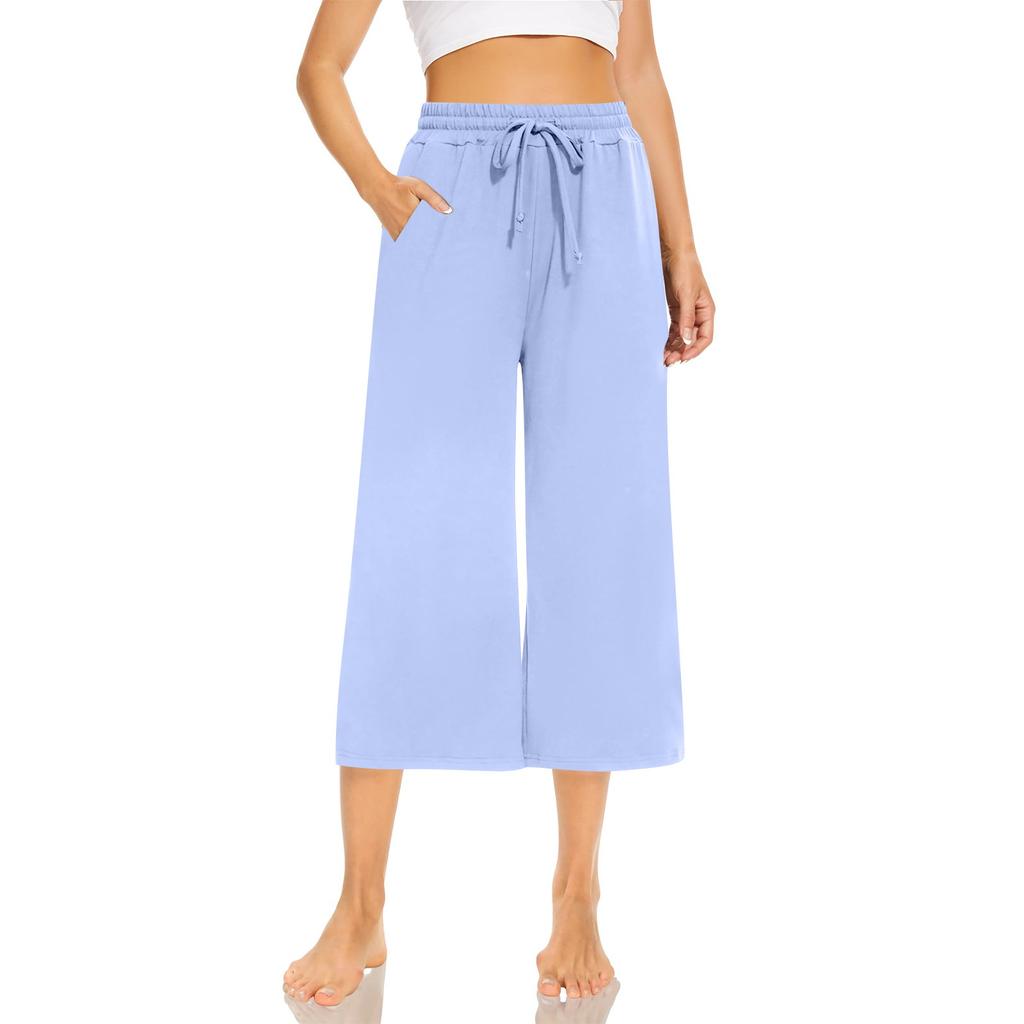 Женские свободные укороченные брюки, широкие брюки для йоги на шнурке, удобные брюки с карманами